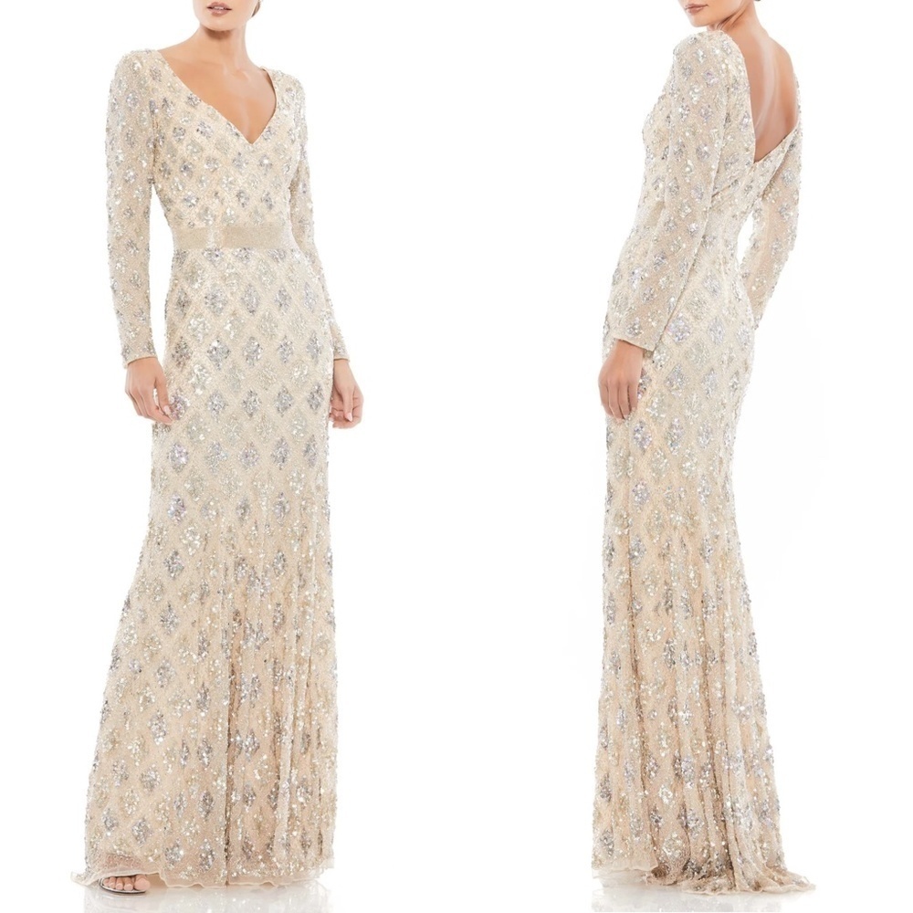 NWT Mac Duggal Geometric Fully Embellished Long Sleeve Evening Gown Sz. …